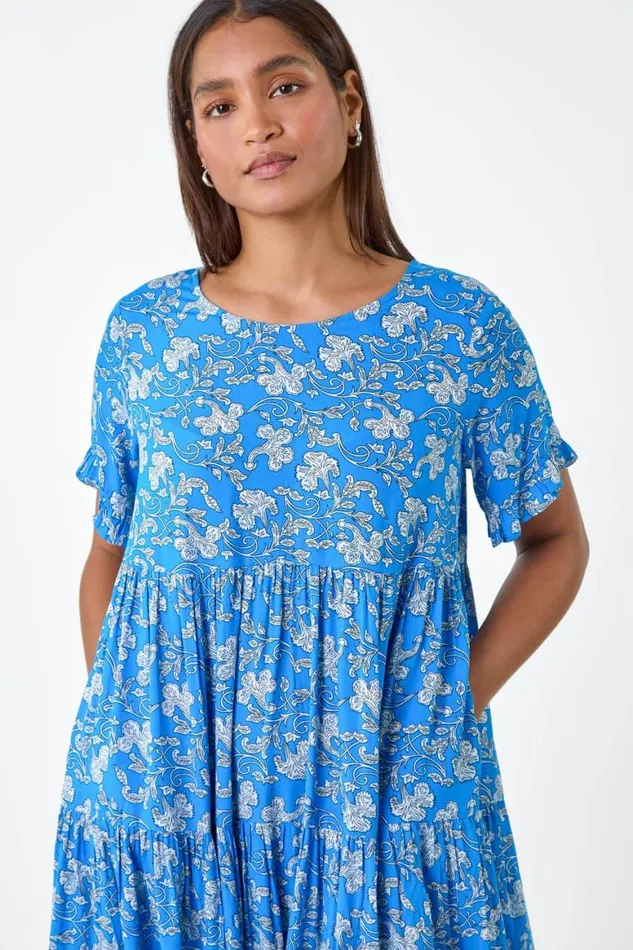 Women Royal Blue Ditsy Floral Print Tiered Smock Dress Roman Dresses