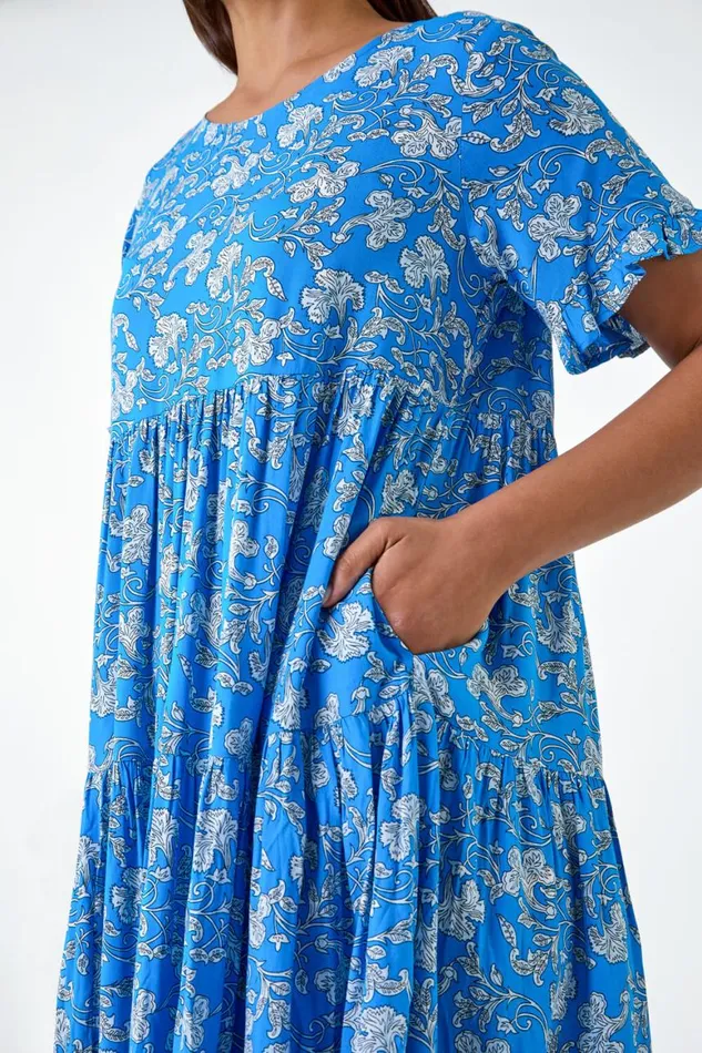 Women Royal Blue Ditsy Floral Print Tiered Smock Dress Roman Dresses