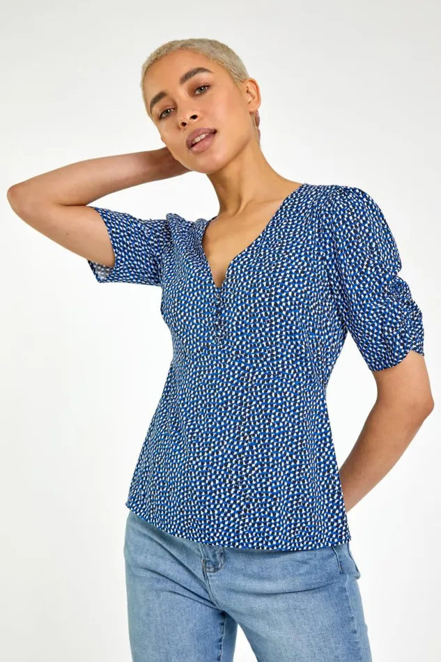 Women Royal Blue Ditsy Spot Button Detail Top Roman Tops