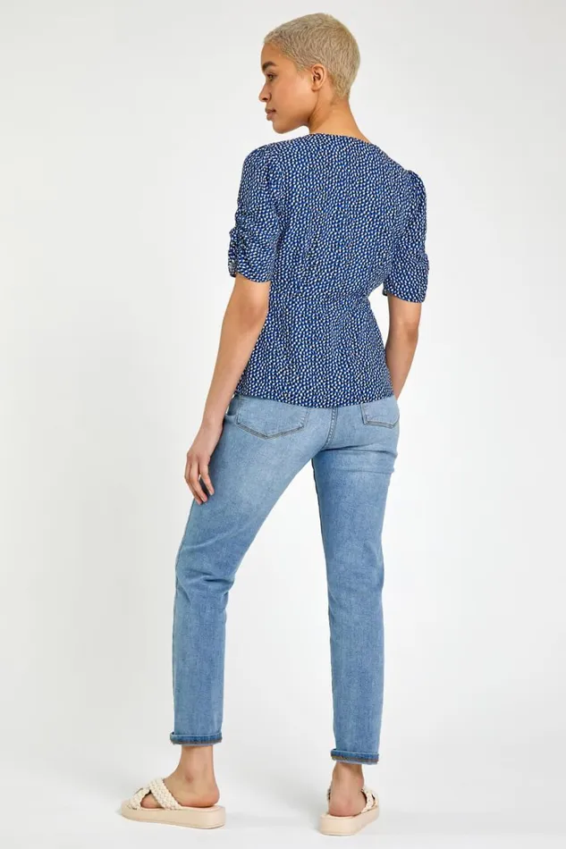 Women Royal Blue Ditsy Spot Button Detail Top Roman Tops