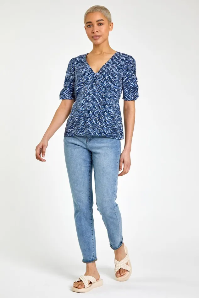 Women Royal Blue Ditsy Spot Button Detail Top Roman Tops