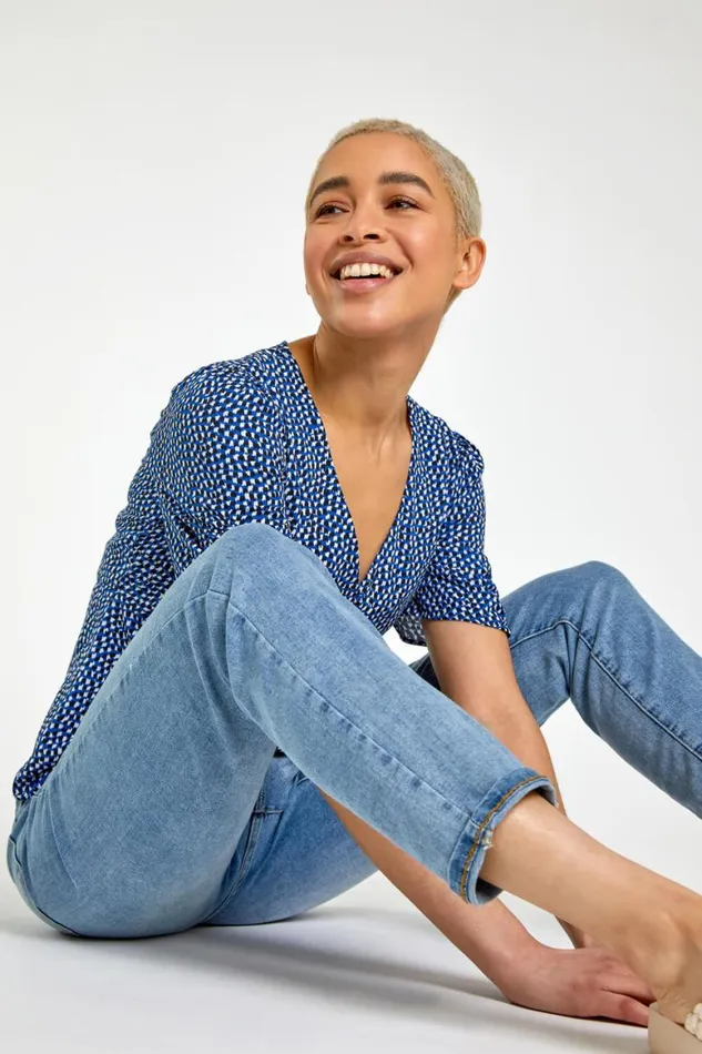 Women Royal Blue Ditsy Spot Button Detail Top Roman Tops