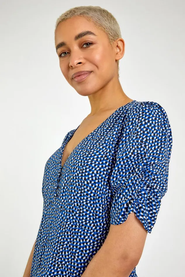 Women Royal Blue Ditsy Spot Button Detail Top Roman Tops