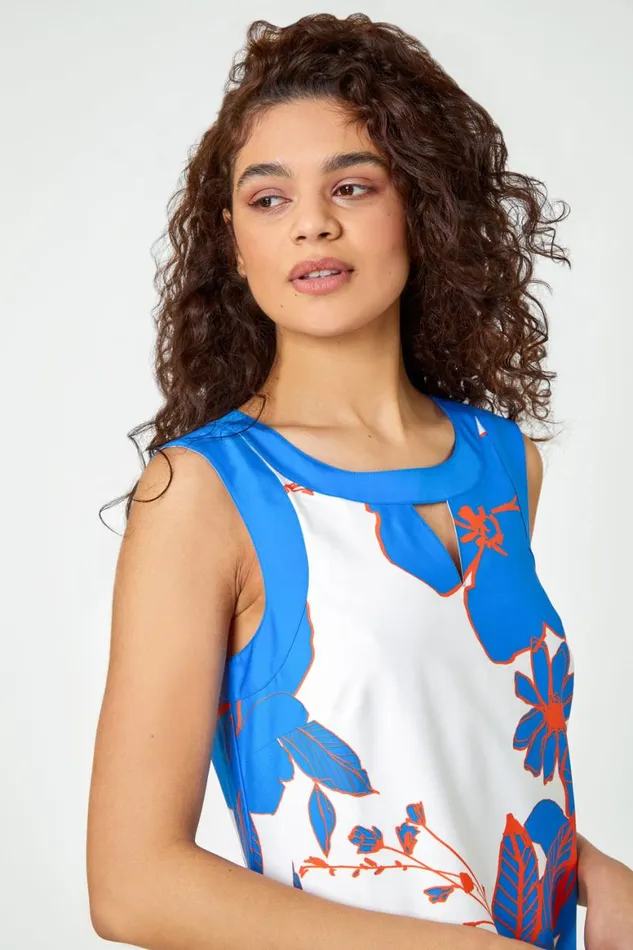 Women Royal Blue Floral Border Print Shift Dress Roman Dresses