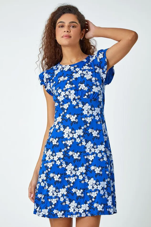 Women Royal Blue Floral Print Frill Sleeve Stretch Dress Roman Dresses
