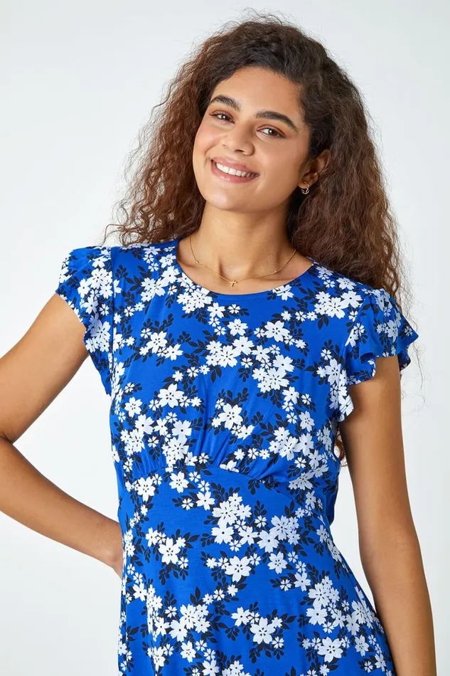 Women Royal Blue Floral Print Frill Sleeve Stretch Dress Roman Dresses