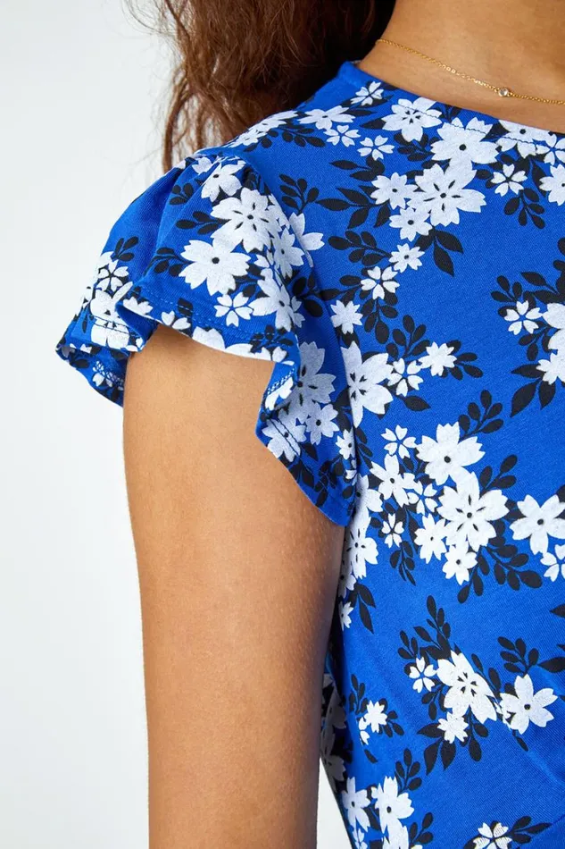 Women Royal Blue Floral Print Frill Sleeve Stretch Dress Roman Dresses