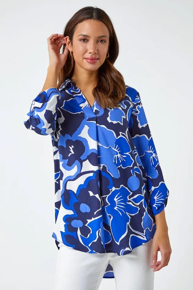 Women Royal Blue Floral Print VNeck Pleat Front Top Roman Tops