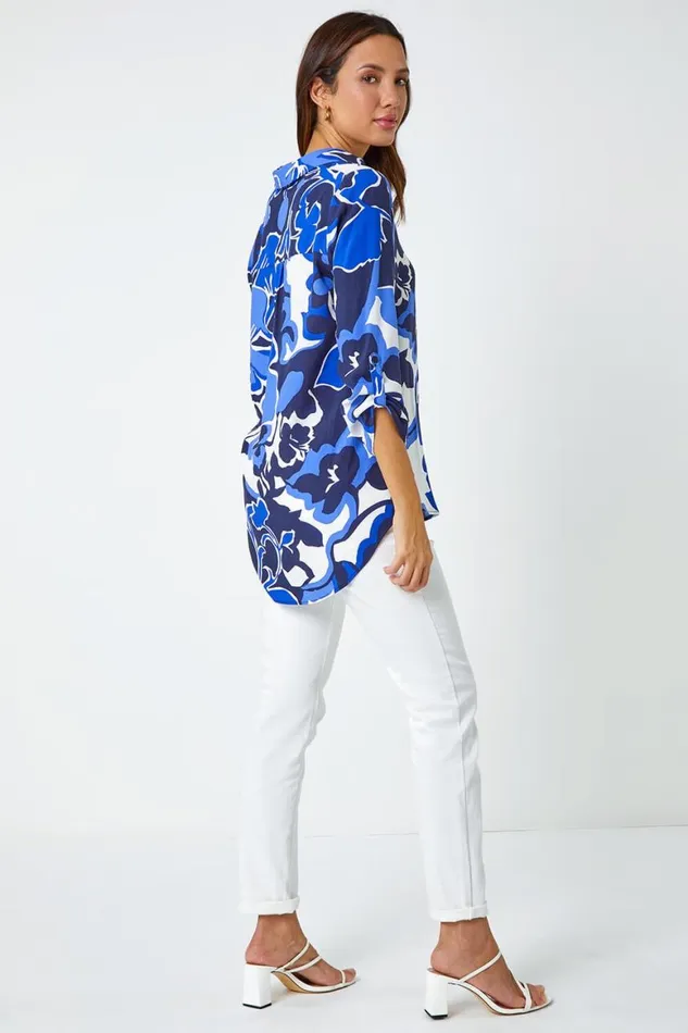 Women Royal Blue Floral Print VNeck Pleat Front Top Roman Tops