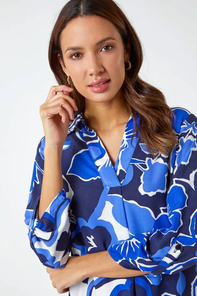 Women Royal Blue Floral Print VNeck Pleat Front Top Roman Tops