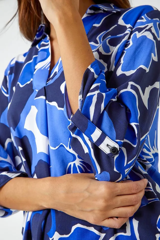 Women Royal Blue Floral Print VNeck Pleat Front Top Roman Tops