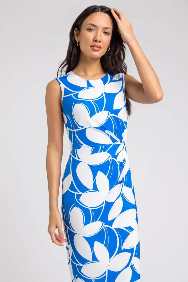 Women Royal Blue Leaf Print Twist Detail Shift Dress Roman Dresses