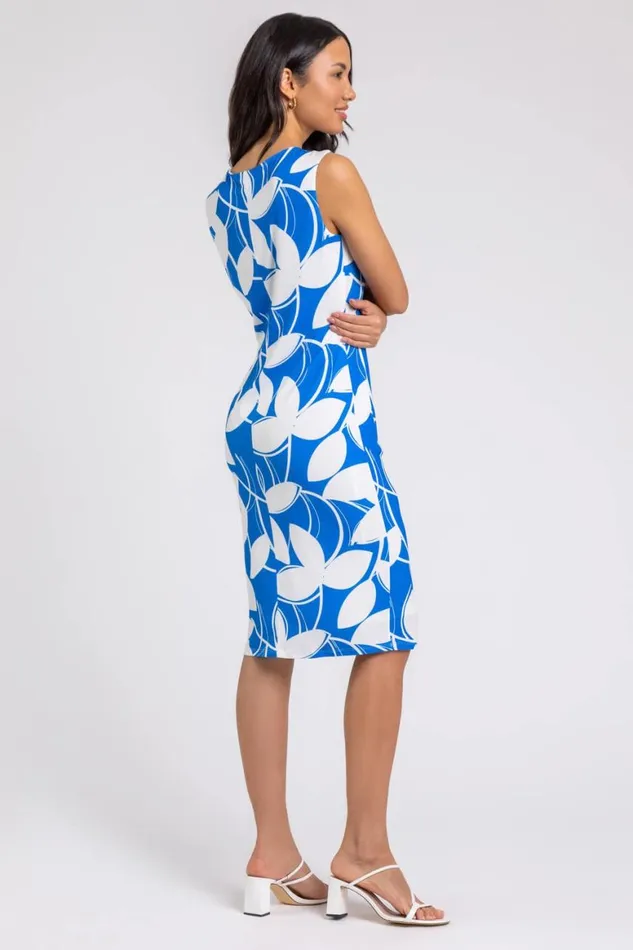 Women Royal Blue Leaf Print Twist Detail Shift Dress Roman Dresses