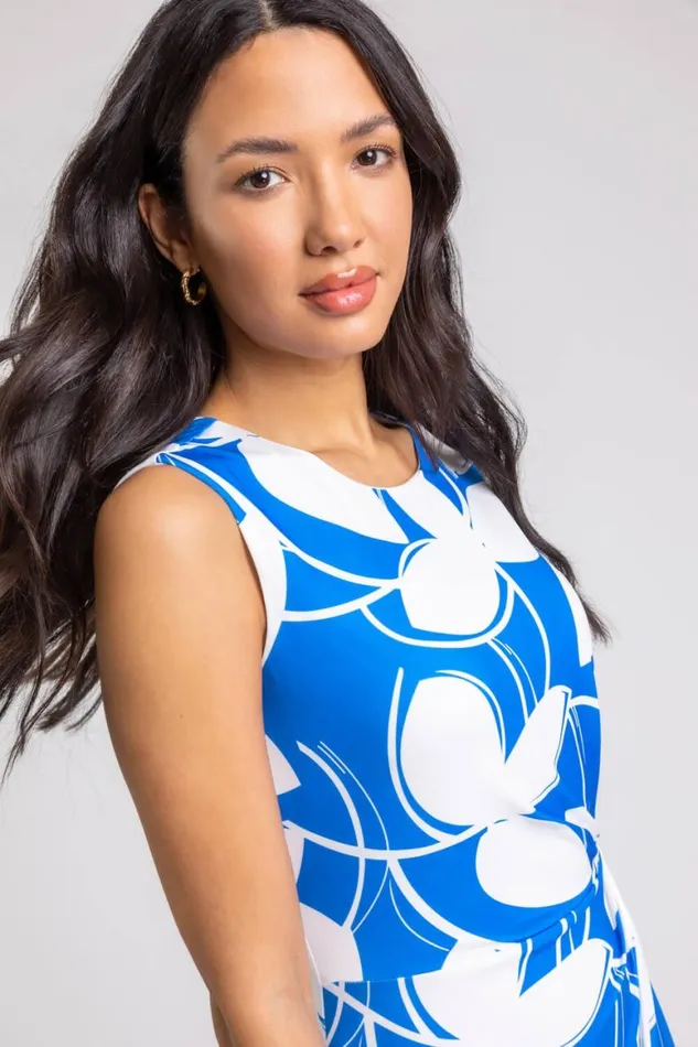 Women Royal Blue Leaf Print Twist Detail Shift Dress Roman Dresses