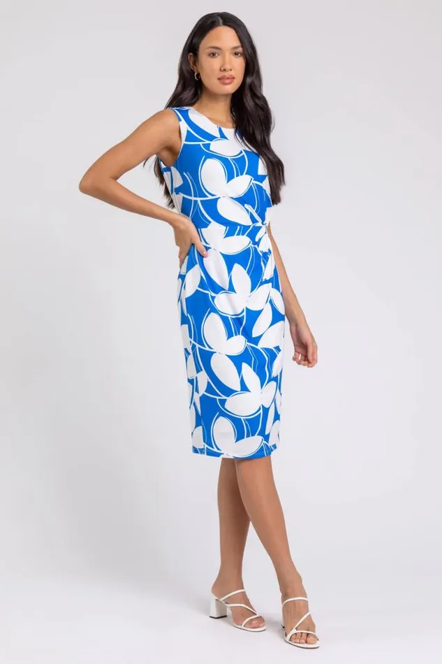 Women Royal Blue Leaf Print Twist Detail Shift Dress Roman Dresses