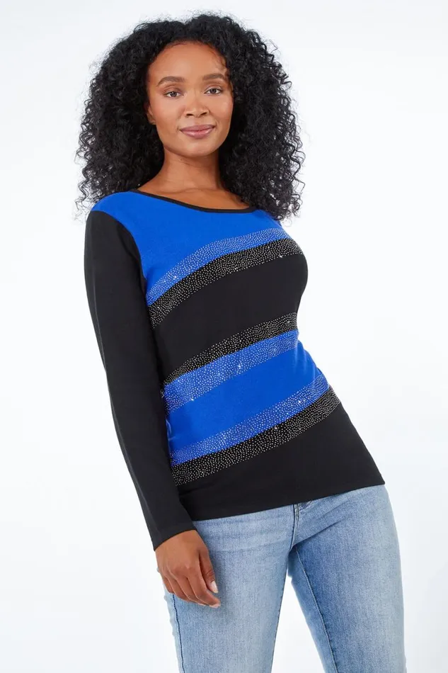 Women Royal Blue Petite Embellished Stripe Jumper Roman Tops