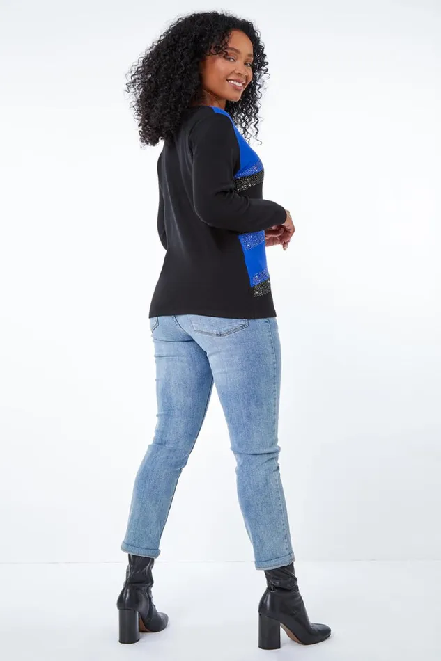 Women Royal Blue Petite Embellished Stripe Jumper Roman Tops