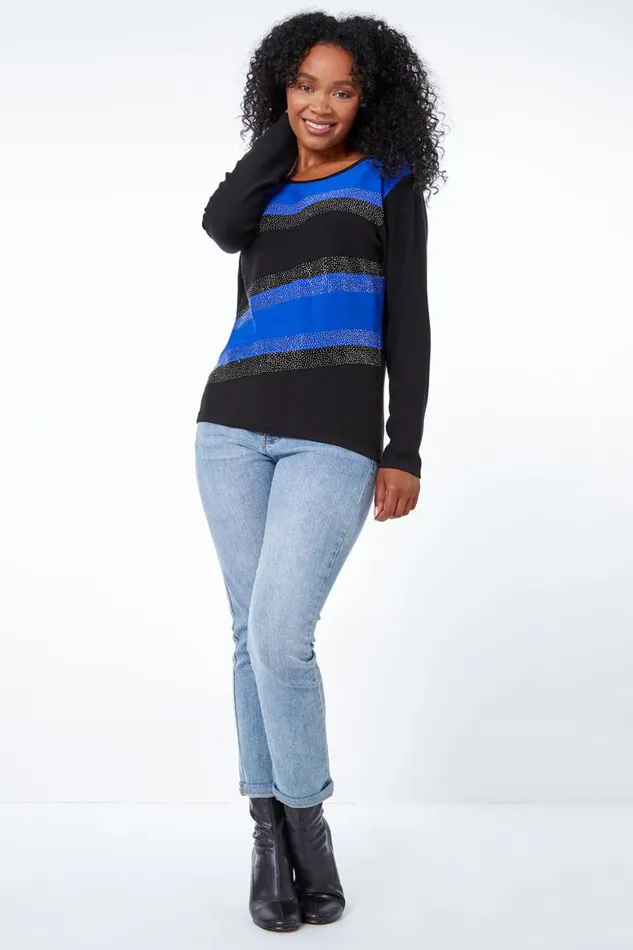 Women Royal Blue Petite Embellished Stripe Jumper Roman Tops