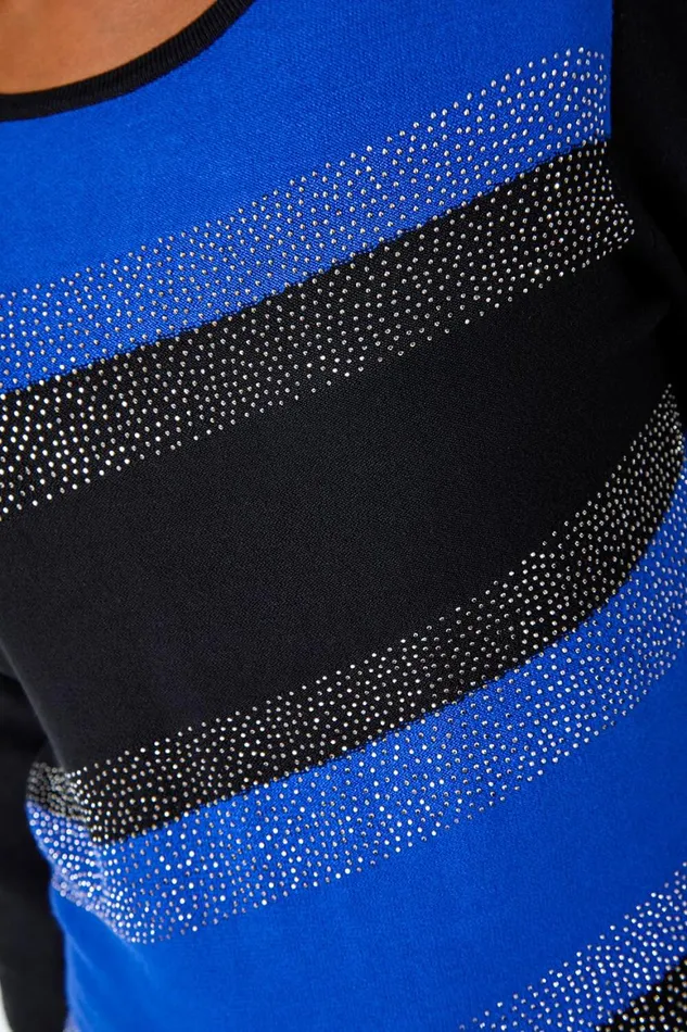 Women Royal Blue Petite Embellished Stripe Jumper Roman Tops