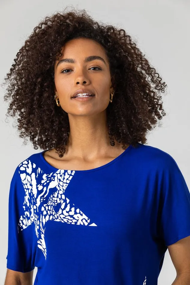 Women Royal Blue Star Print Lounge TShirt Roman Tops