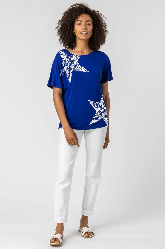 Women Royal Blue Star Print Lounge TShirt Roman Tops