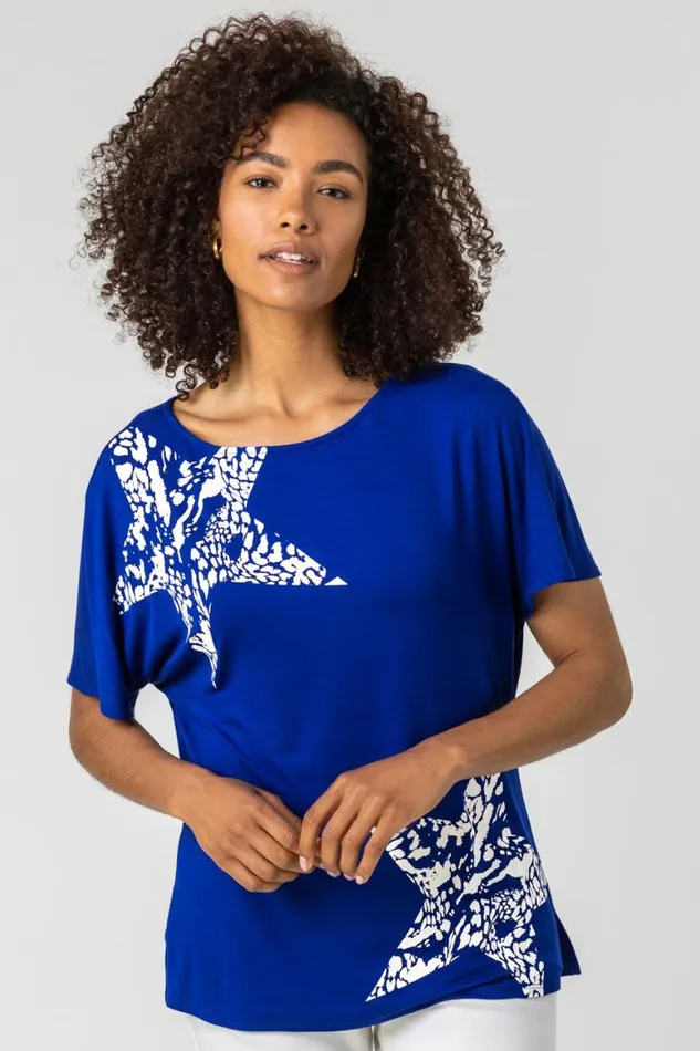 Women Royal Blue Star Print Lounge TShirt Roman Tops