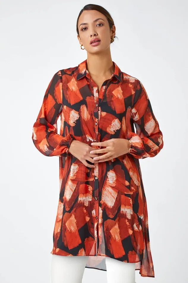 Women Rust Abstract Print Longline Blouse Roman Tops