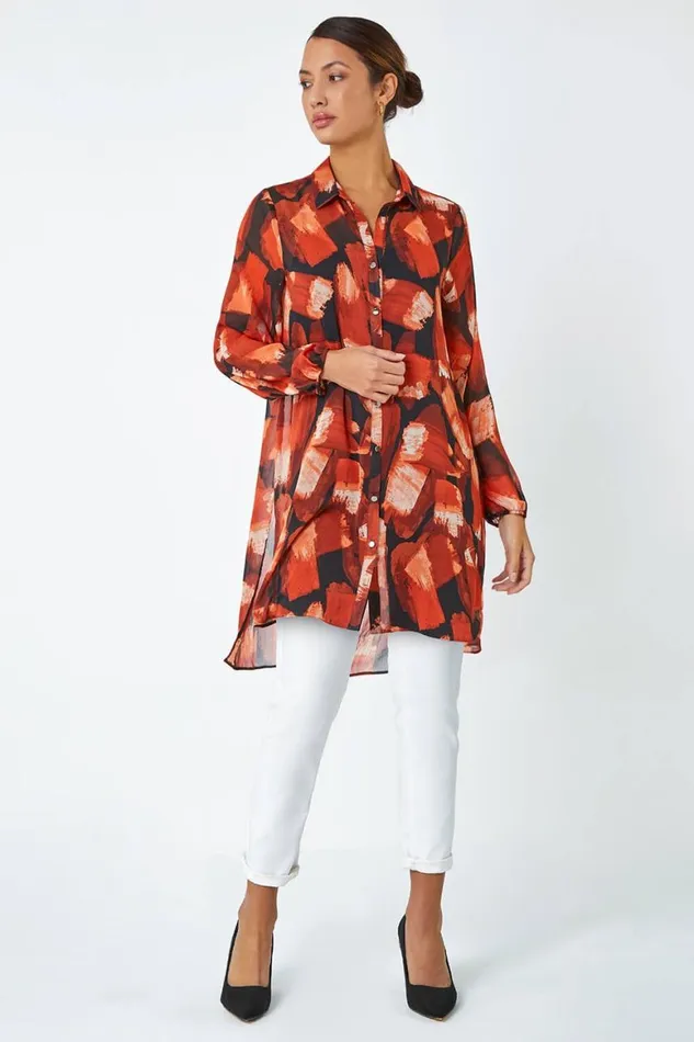 Women Rust Abstract Print Longline Blouse Roman Tops