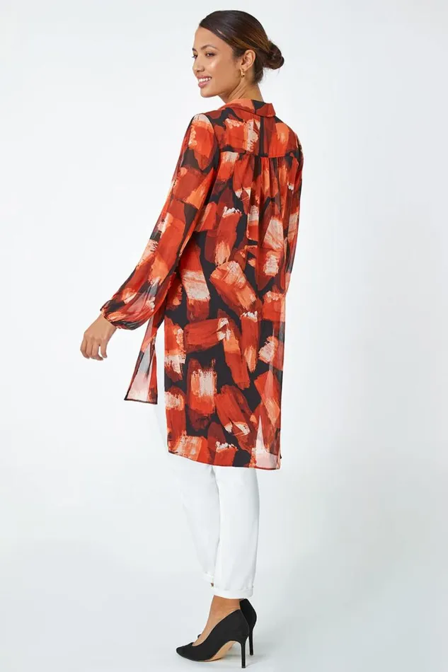 Women Rust Abstract Print Longline Blouse Roman Tops