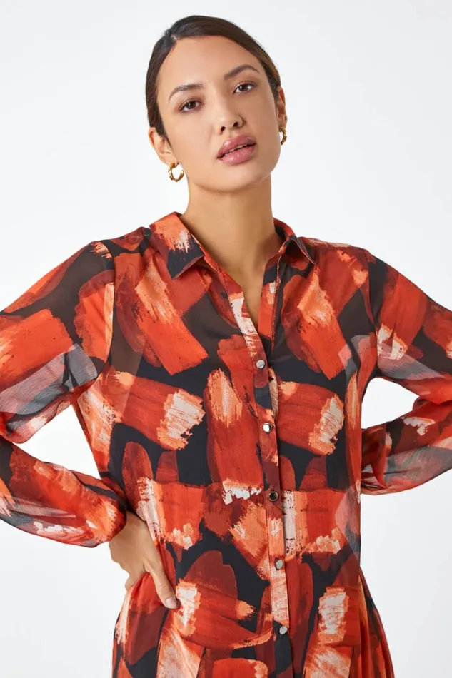 Women Rust Abstract Print Longline Blouse Roman Tops