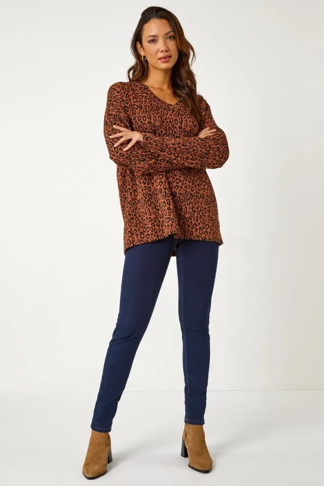 Women Rust Animal Print Stretch Tunic Top Roman Tops