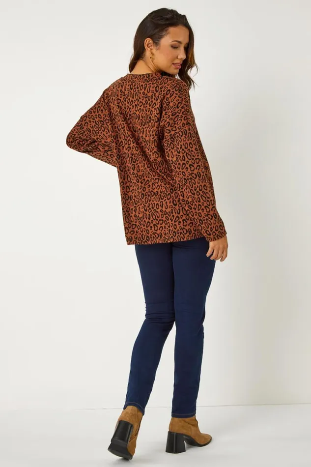 Women Rust Animal Print Stretch Tunic Top Roman Tops