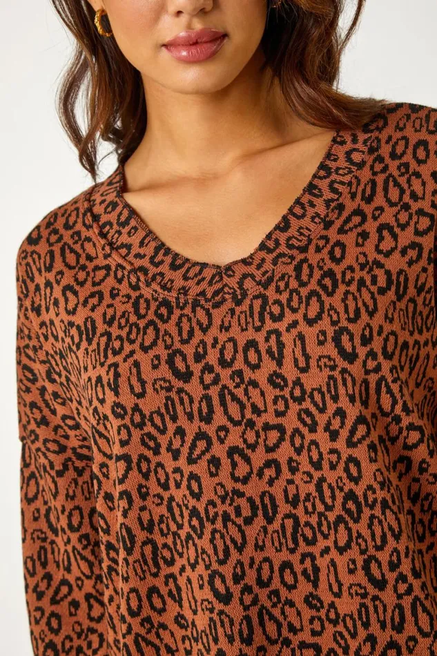 Women Rust Animal Print Stretch Tunic Top Roman Tops