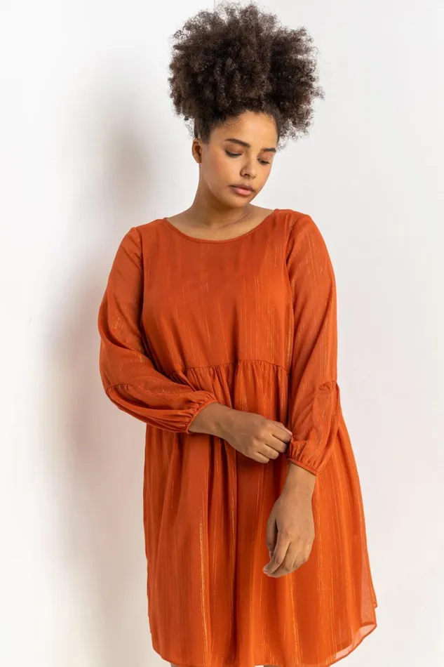Women Rust Curve Chiffon Shimmer Stripe Smock Dress Roman Dresses