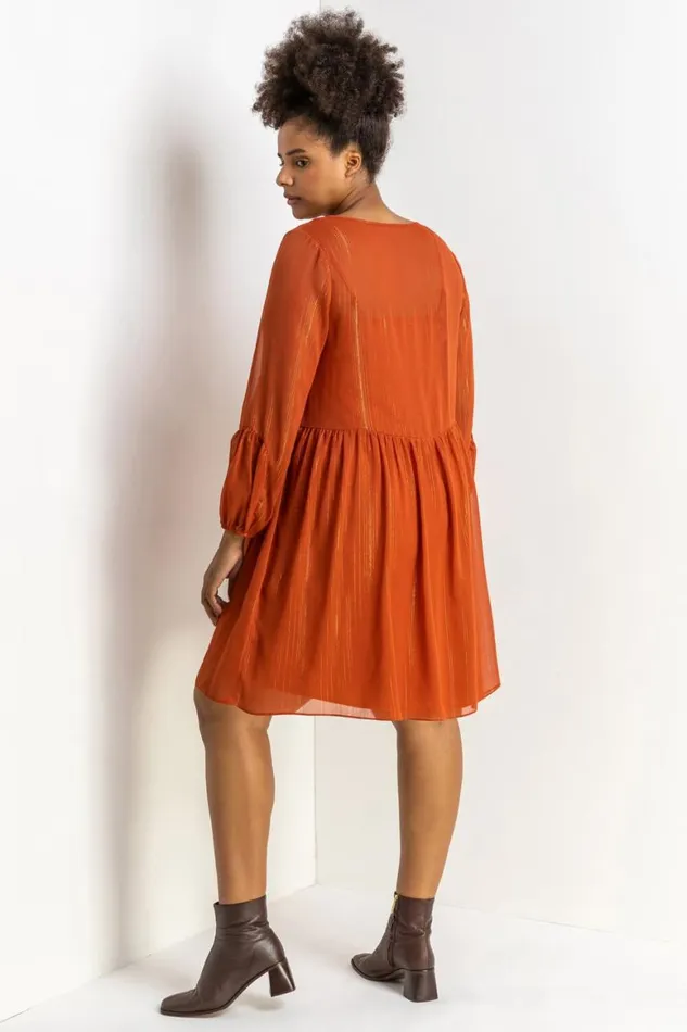Women Rust Curve Chiffon Shimmer Stripe Smock Dress Roman Dresses