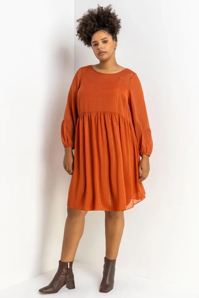 Women Rust Curve Chiffon Shimmer Stripe Smock Dress Roman Dresses
