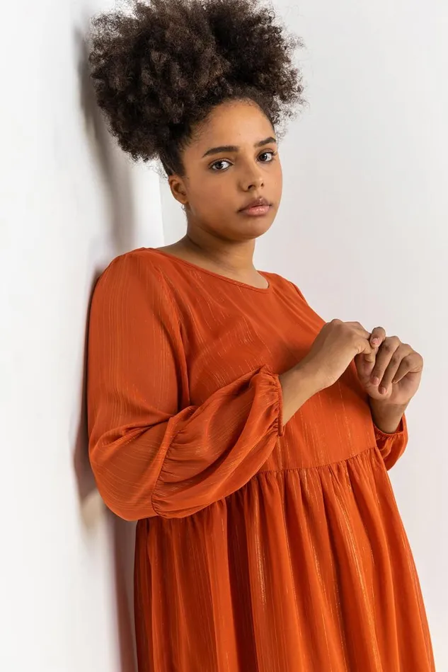 Women Rust Curve Chiffon Shimmer Stripe Smock Dress Roman Dresses