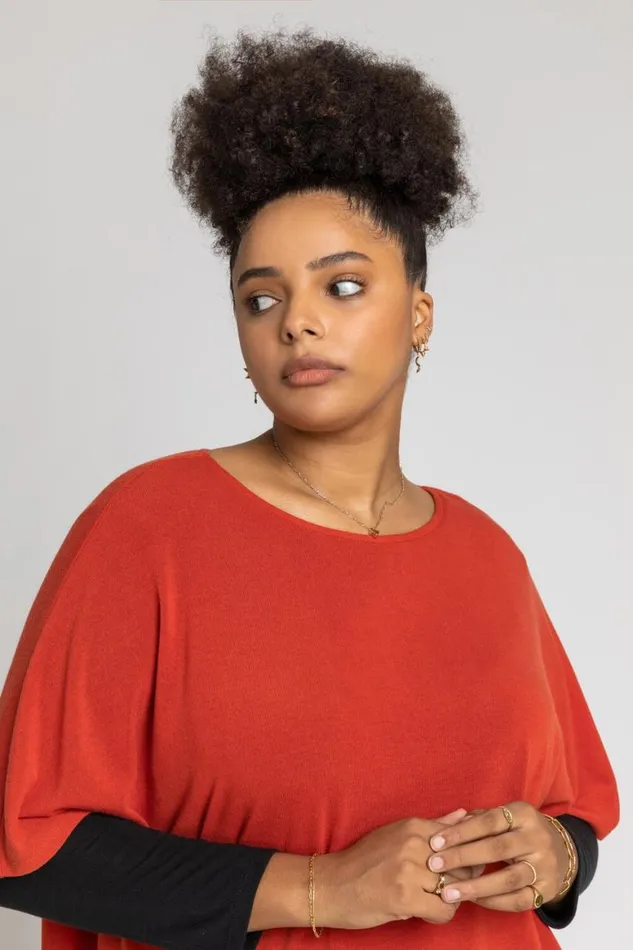 Women Rust Curve Colourblock Asymmetric Snood Top Roman Tops