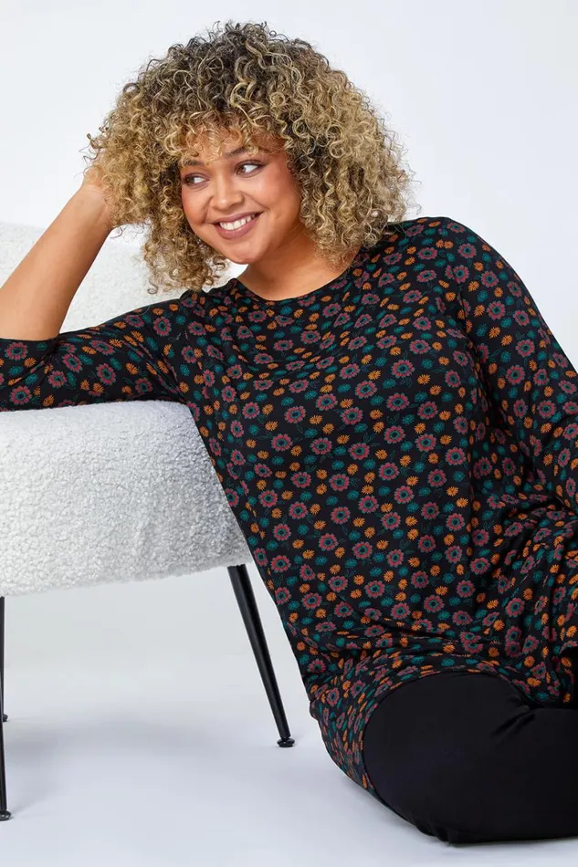 Women Rust Curve Floral Pocket Detail Stretch Tunic Top Roman Tops