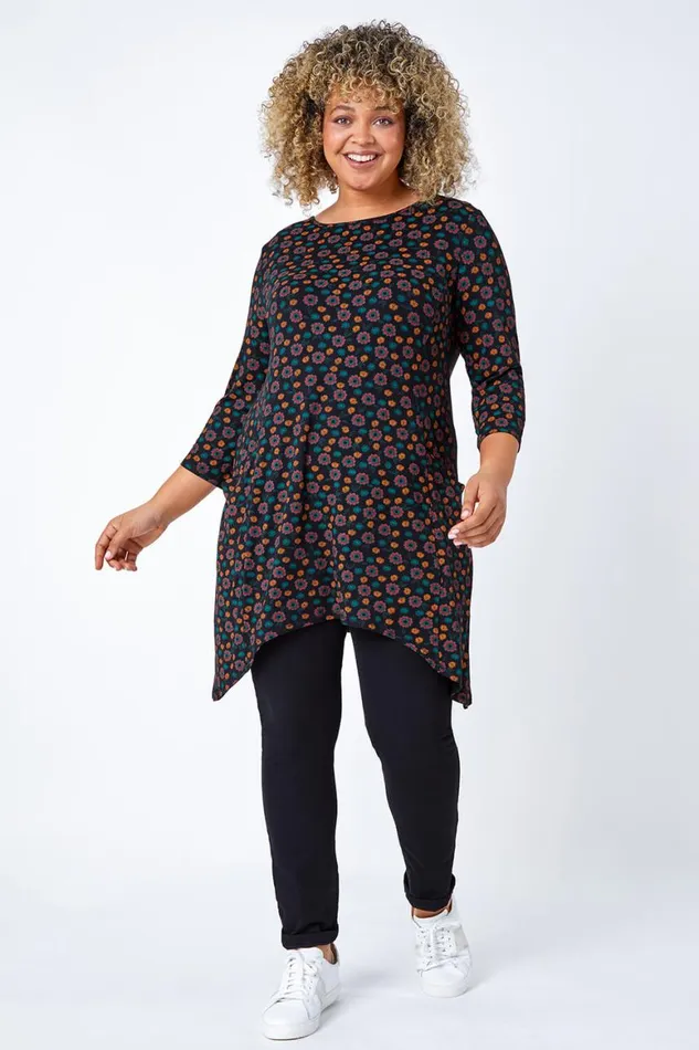 Women Rust Curve Floral Pocket Detail Stretch Tunic Top Roman Tops