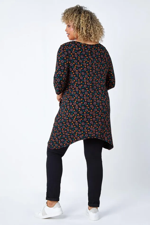 Women Rust Curve Floral Pocket Detail Stretch Tunic Top Roman Tops