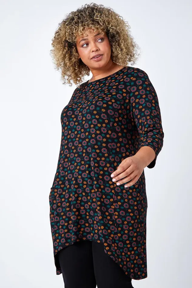 Women Rust Curve Floral Pocket Detail Stretch Tunic Top Roman Tops