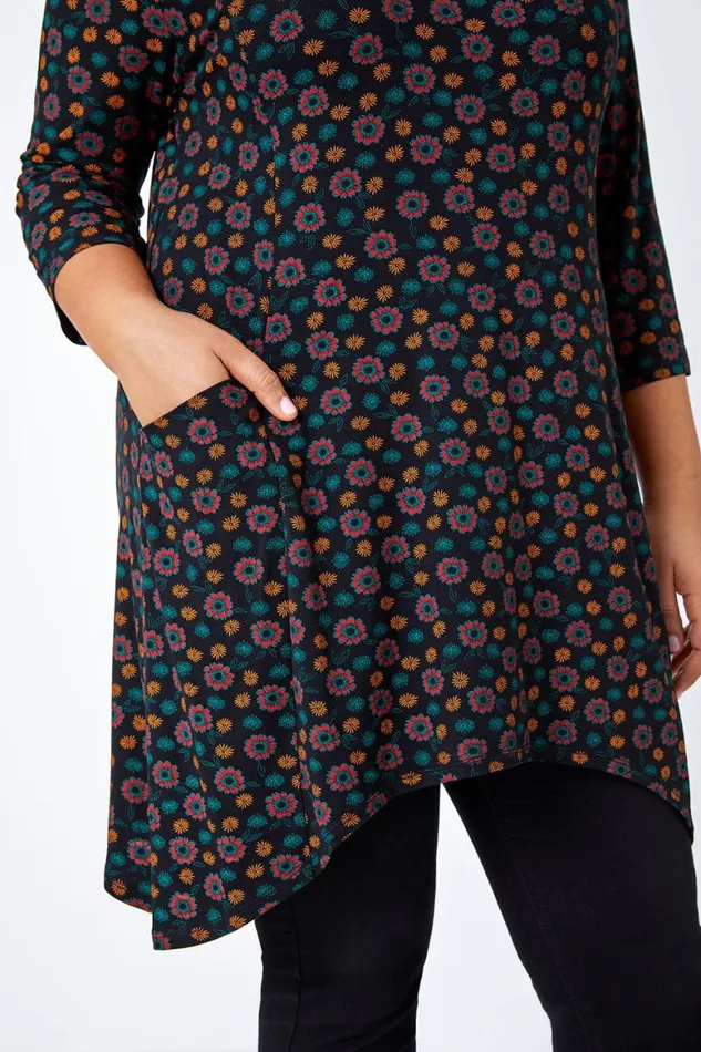 Women Rust Curve Floral Pocket Detail Stretch Tunic Top Roman Tops