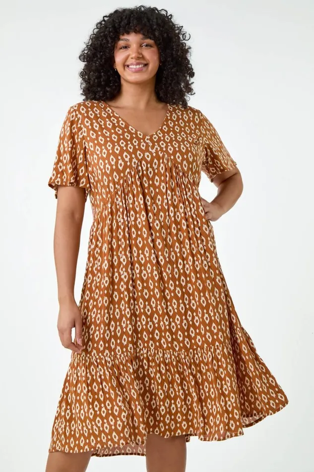 Women Rust Curve Geometric Tiered Frill Midi Dress Roman Dresses
