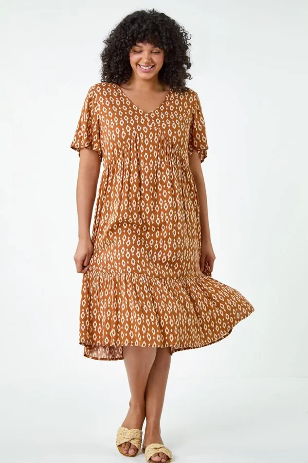 Women Rust Curve Geometric Tiered Frill Midi Dress Roman Dresses