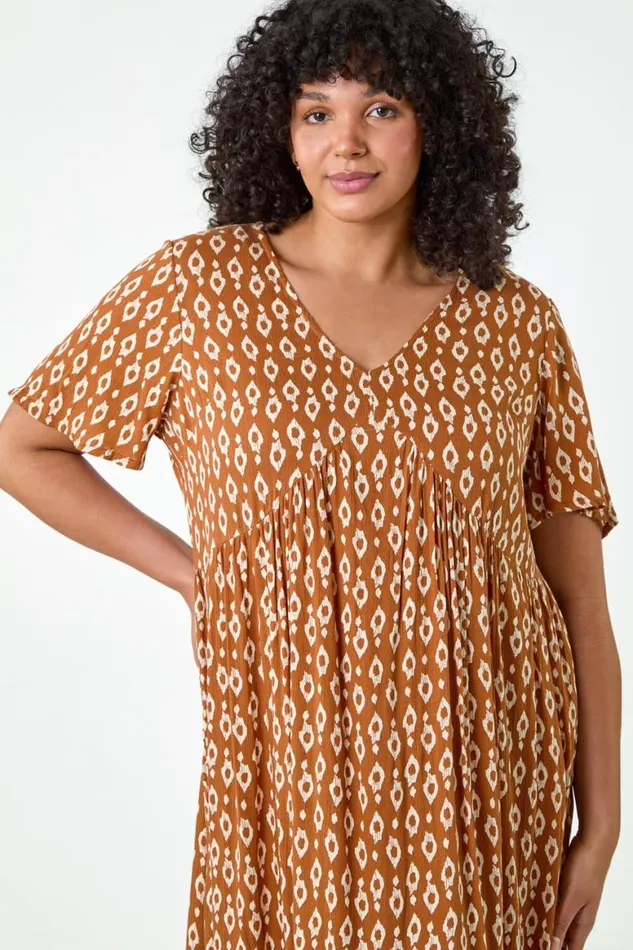 Women Rust Curve Geometric Tiered Frill Midi Dress Roman Dresses