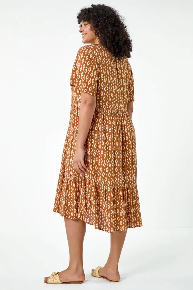 Women Rust Curve Geometric Tiered Frill Midi Dress Roman Dresses