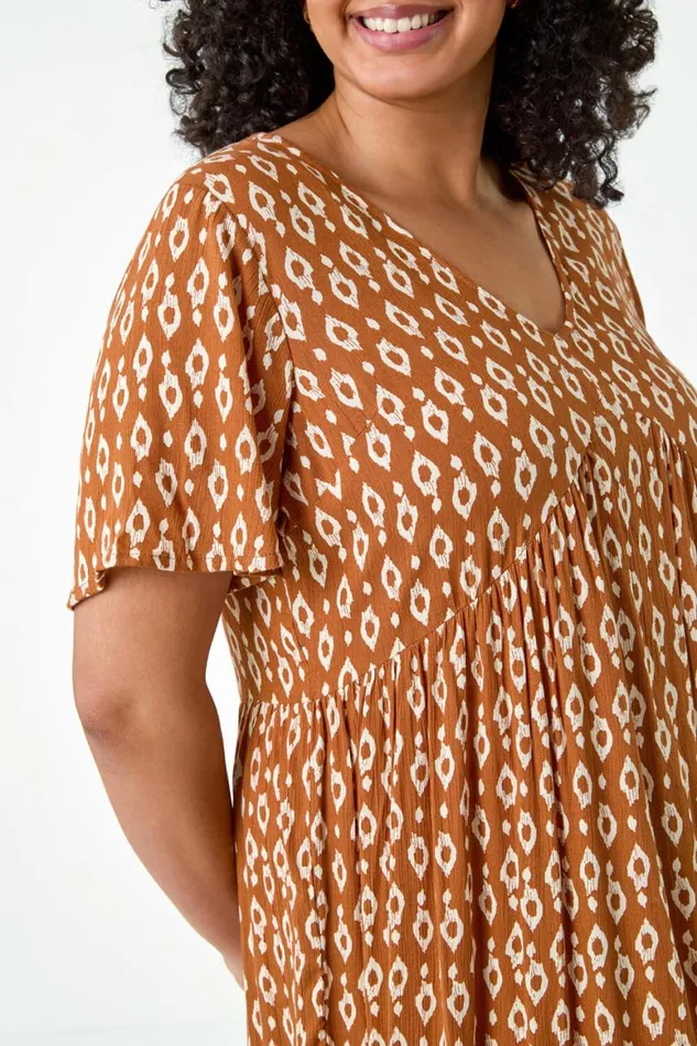 Women Rust Curve Geometric Tiered Frill Midi Dress Roman Dresses