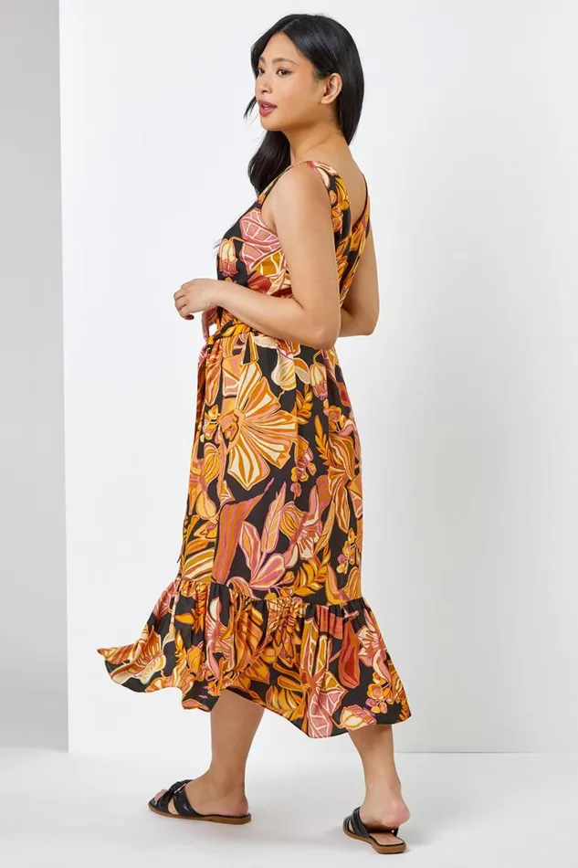 Women Rust Petite Floral Print Tiered Dress Roman Dresses