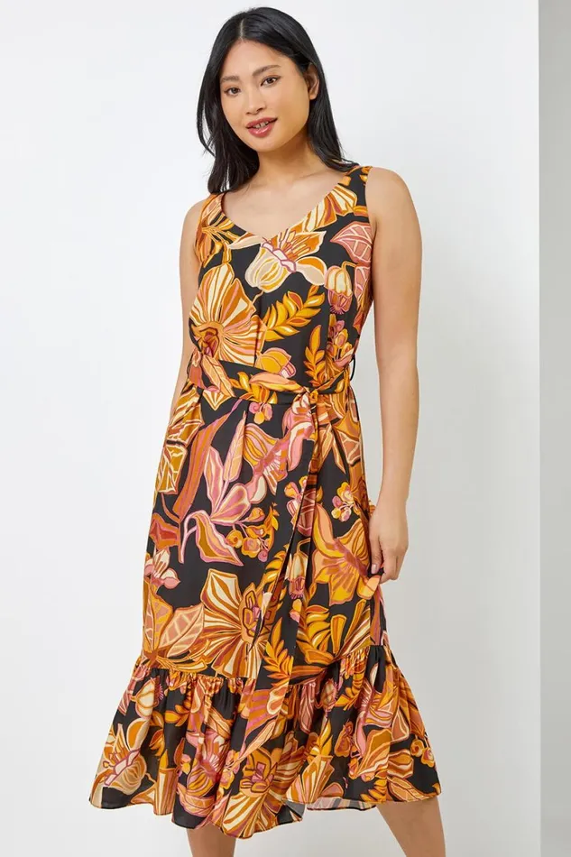 Women Rust Petite Floral Print Tiered Dress Roman Dresses